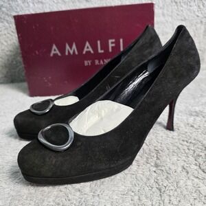 Amalfi by Rangoni Black Italian Leather Suede Pumps Heels 9.5M Made in Italy NIB
